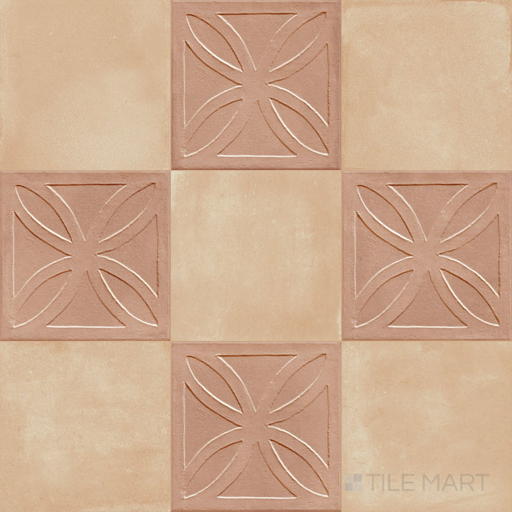 8x8 matte porcelain tile with dimensional cotto 3D relief contrasting against warm flat biscotto squares