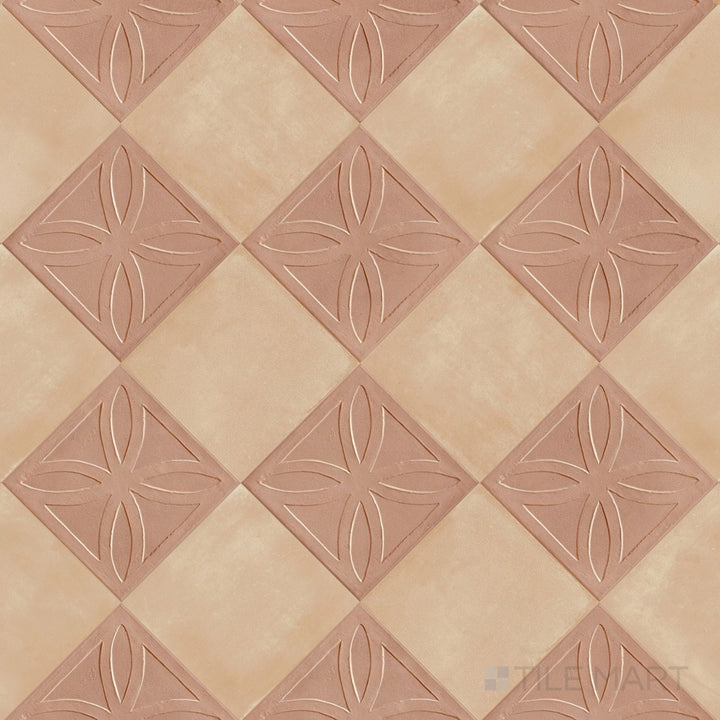 Overview of Amuri 8x8 cotto Struttura 3D and biscotto checkerboard matte porcelain tile from an alternate angle highlighting its sculptural cotto 3D texture paired with warm biscotto squares