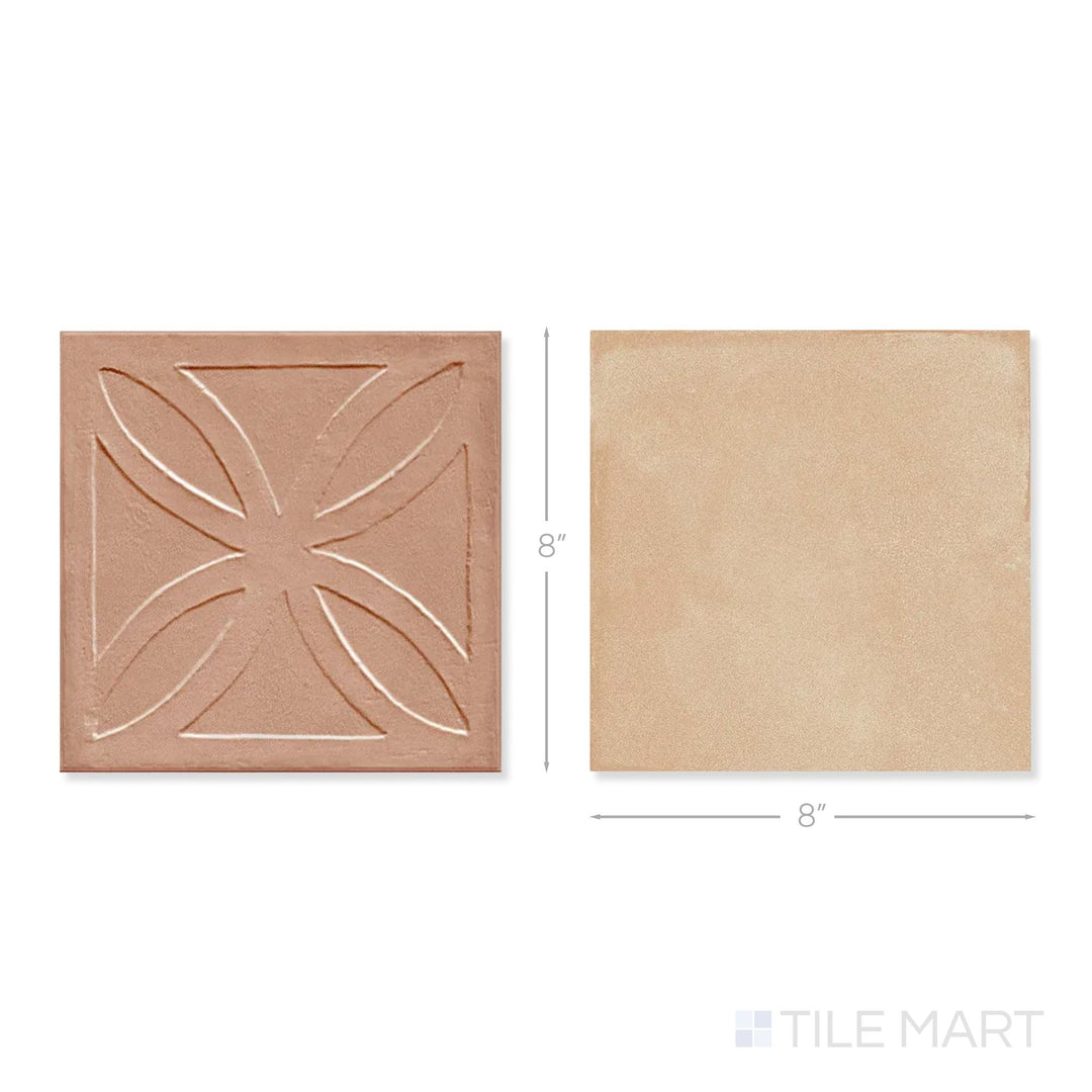 Top-down view of a single Amuri 8x8 cotto Struttura 3D and biscotto checkerboard matte porcelain tile showing its raised cotto surface texture and warm biscotto matte finish detail