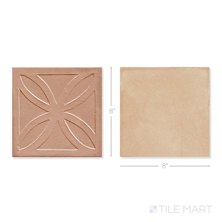 Top-down view of a single Amuri 8x8 cotto Struttura 3D and biscotto checkerboard matte porcelain tile showing its raised cotto surface texture and warm biscotto matte finish detail
