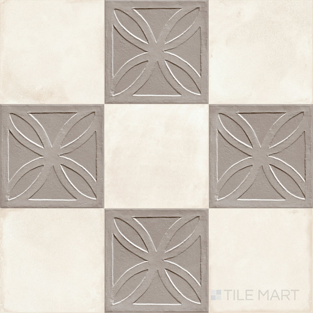 Cool grigio squares with raised 3D texture alternating with soft avorio in an 8x8 matte porcelain checkerboard