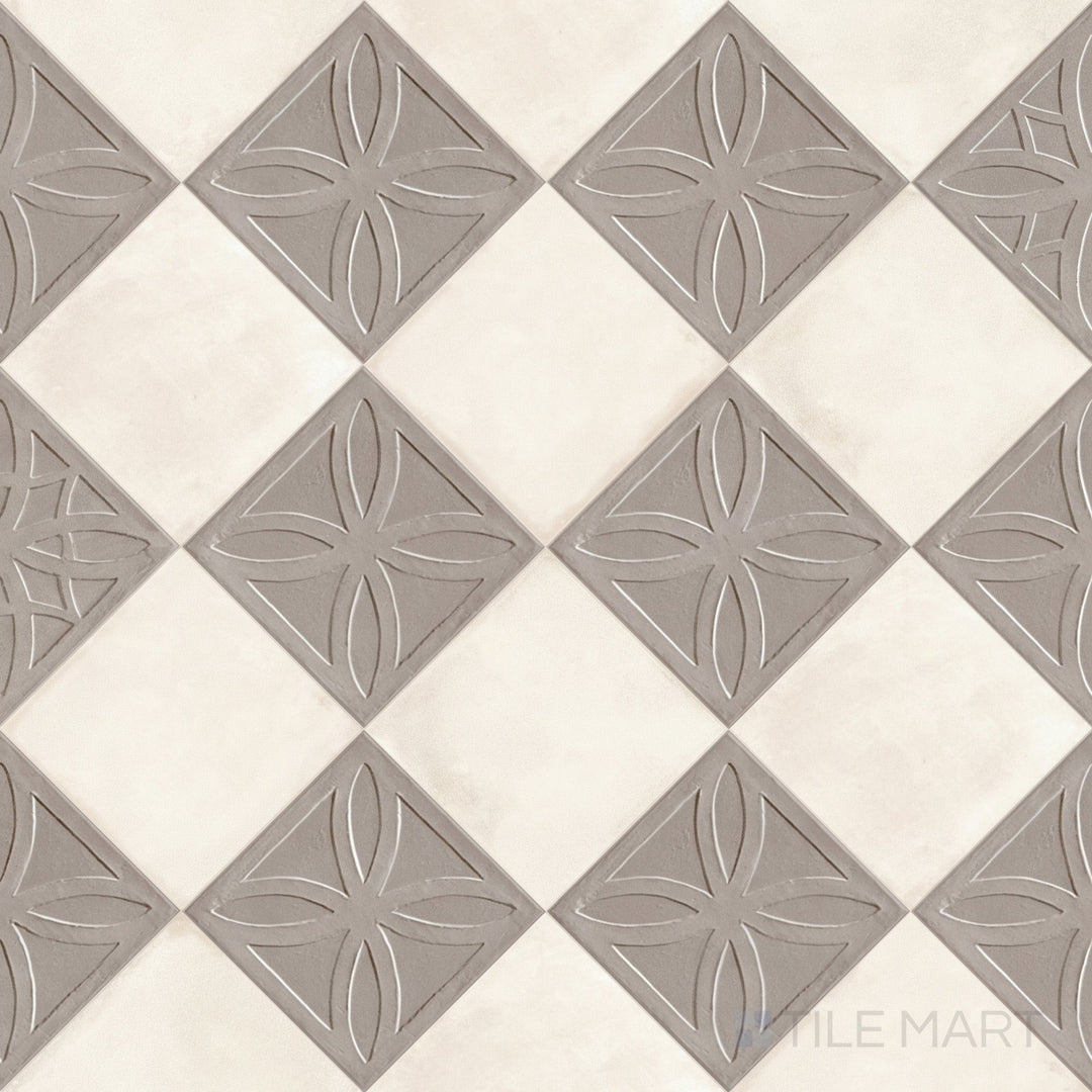 Overview of Amuri 8x8 grigio Struttura 3D and avorio checkerboard matte porcelain tile from an alternate angle highlighting its cool dimensional grigio relief against soft avorio squares