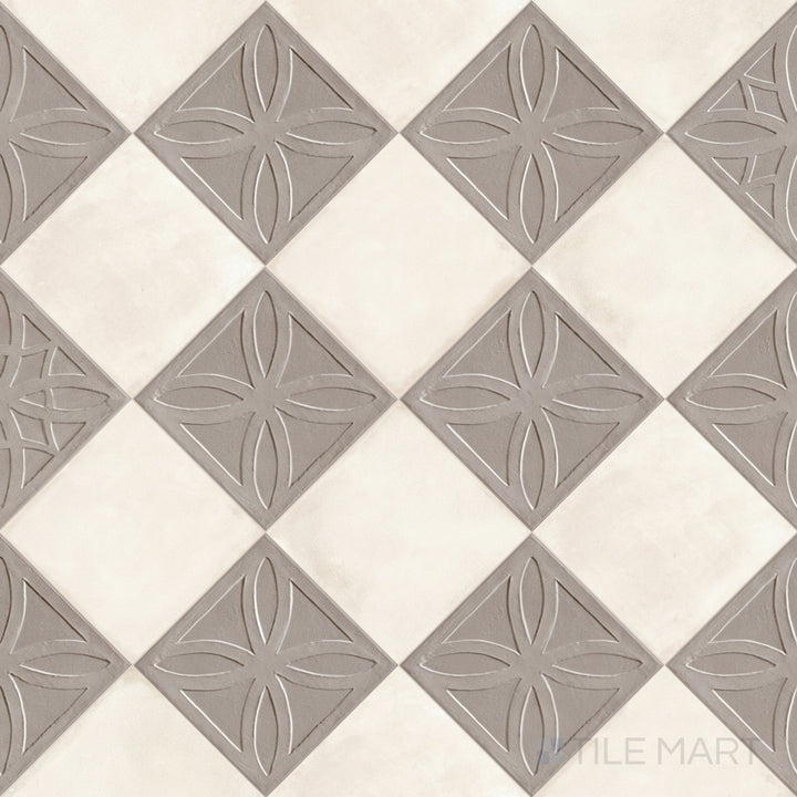 Overview of Amuri 8x8 grigio Struttura 3D and avorio checkerboard matte porcelain tile from an alternate angle highlighting its cool dimensional grigio relief against soft avorio squares