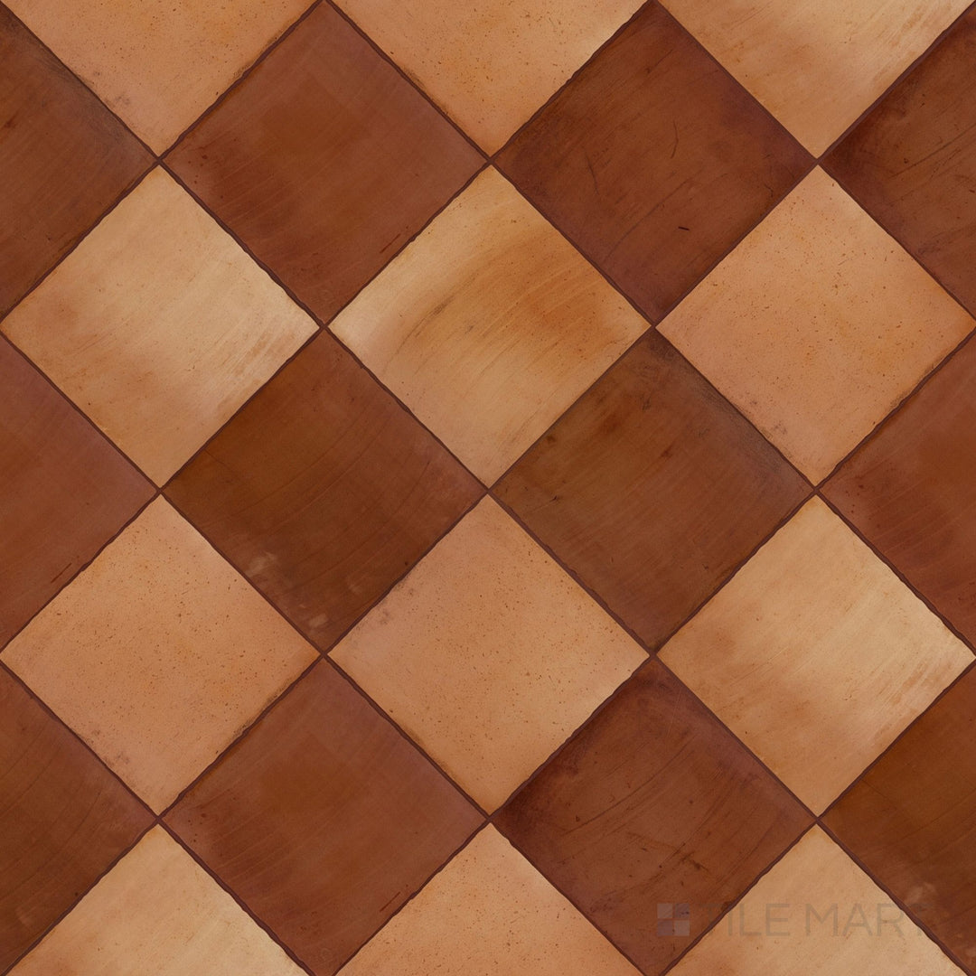 Overview of Fuego 9x9 antic and teja R11 checkerboard matte porcelain tile from an alternate angle highlighting its rustic earthy tonal pairing and slip-resistant surface