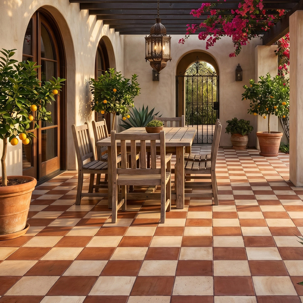 9x9 natural and teja R11 matte porcelain checkerboard tile conveying a warm, earthy harmony between natural stone and rustic teja tones