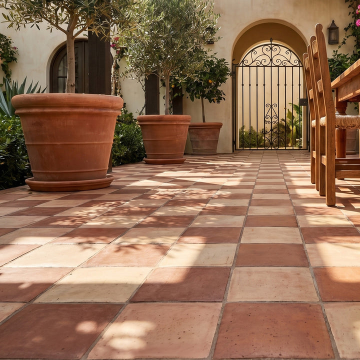 9x9 natural and teja R11 matte porcelain checkerboard tile reflecting a deeply grounded palette with a slip-resistant finish suited for active spaces