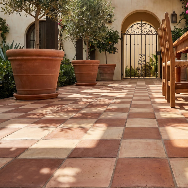 9x9 natural and teja R11 matte porcelain checkerboard tile reflecting a deeply grounded palette with a slip-resistant finish suited for active spaces