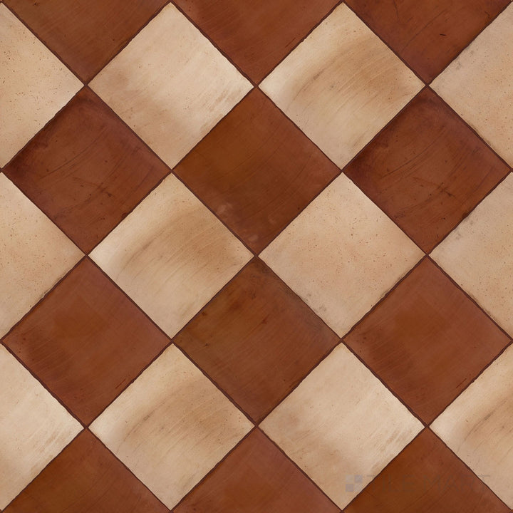 Overview of Fuego 9x9 natural and teja R11 checkerboard matte porcelain tile from an alternate angle highlighting its warm earthy tonal contrast and slip-resistant matte surface