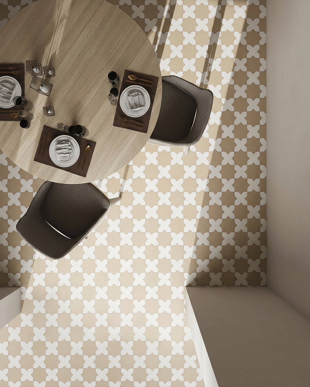 Kasbah matte porcelain checkerboard tile with bone cross and fawn star shapes conveying a soft, Moroccan-inspired geometric elegance