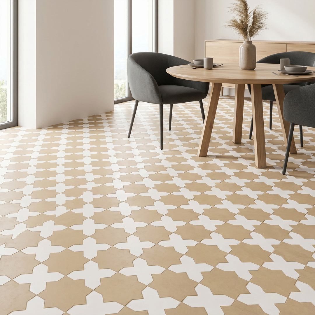 Kasbah matte porcelain tile featuring bone cross and fawn star pieces emphasizing its delicate neutral interplay and artisan geometric character