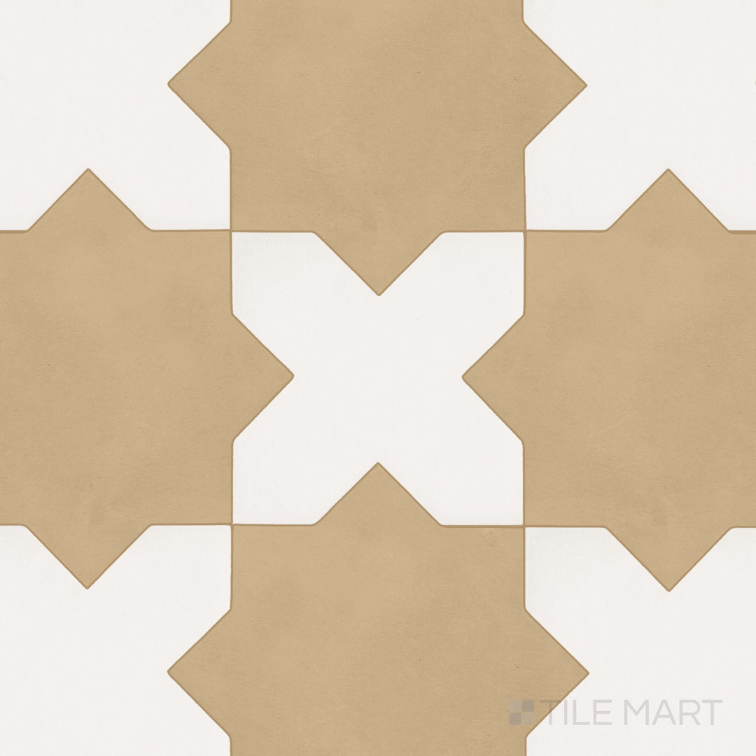 Moroccan-inspired matte porcelain checkerboard tile with bone cross shapes and larger fawn star accents