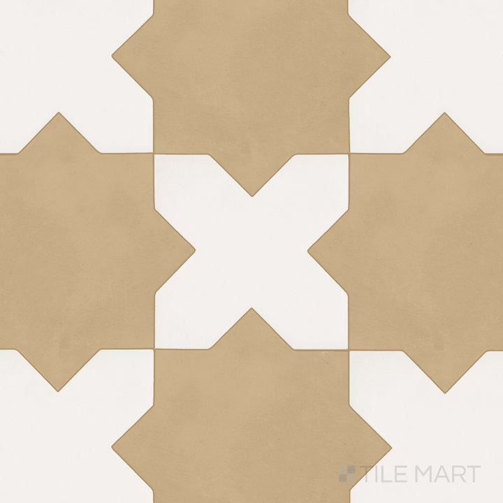 Moroccan-inspired matte porcelain checkerboard tile with bone cross shapes and larger fawn star accents