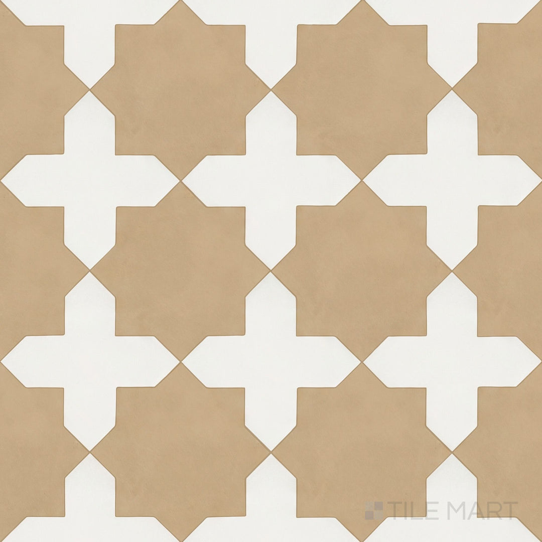 Overview of Kasbah bone cross and fawn star checkerboard matte porcelain tile from an alternate angle highlighting its delicate Moroccan-inspired geometric interlocking pattern