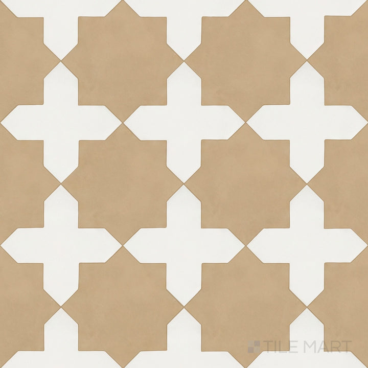 Overview of Kasbah bone cross and fawn star checkerboard matte porcelain tile from an alternate angle highlighting its delicate Moroccan-inspired geometric interlocking pattern