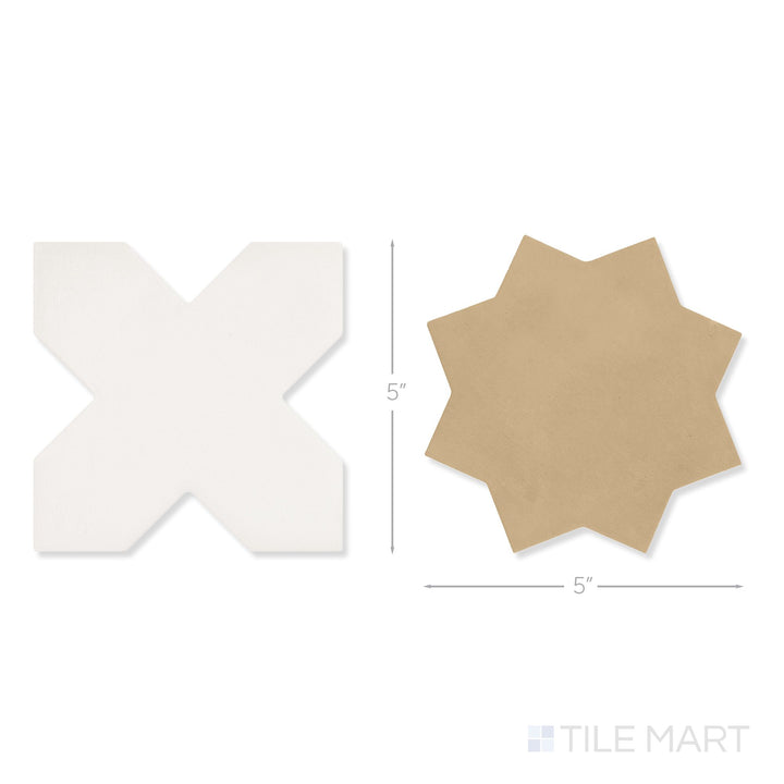 Top-down view of a single Kasbah bone cross and fawn star checkerboard matte porcelain tile showing its intricate cross and star surface detail and matte finish