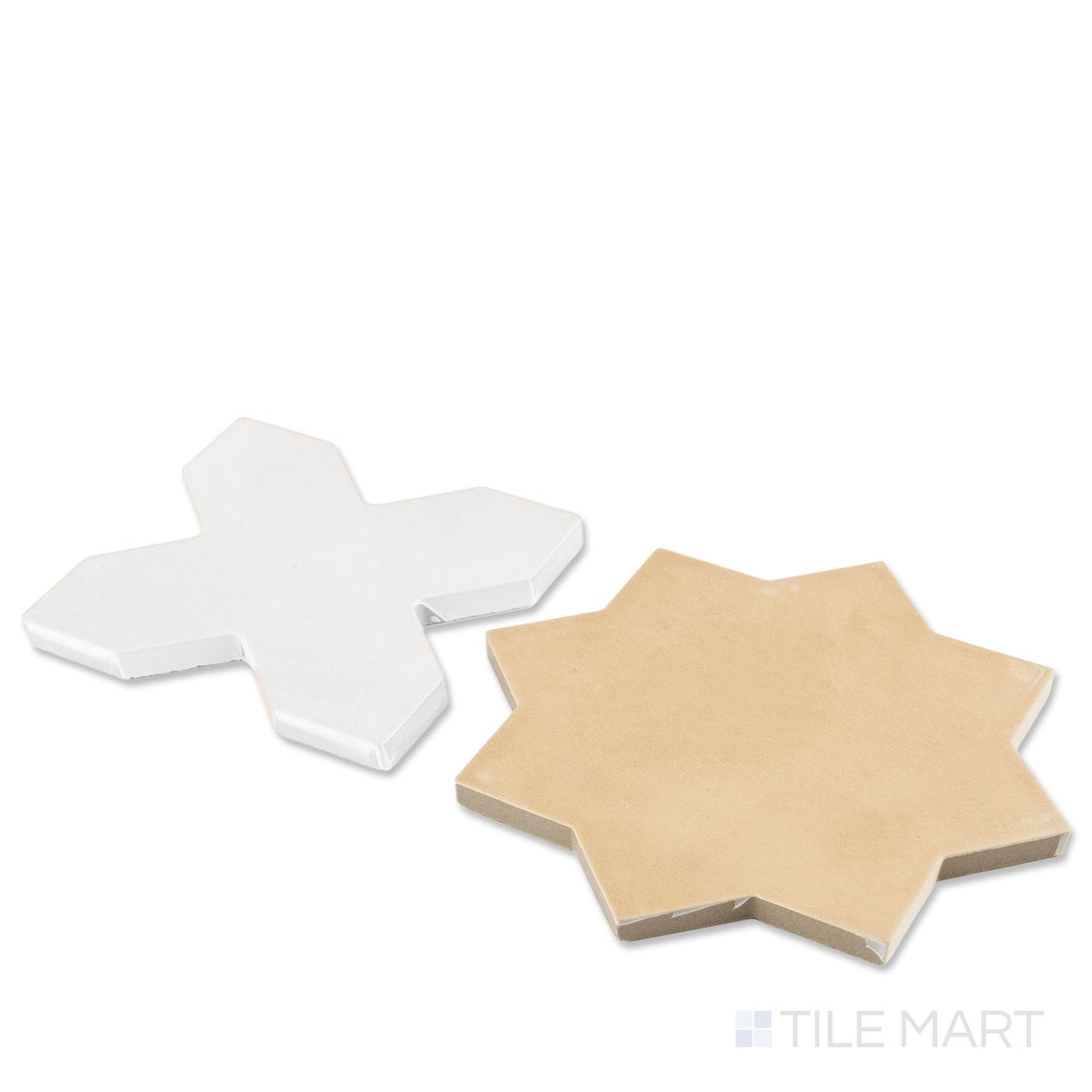 Corner shot of Kasbah bone cross and fawn star checkerboard matte porcelain tile revealing its edge profile and soft neutral geometric matte surface