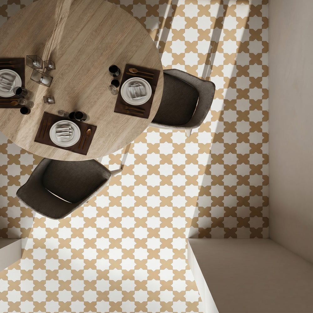 Kasbah matte porcelain checkerboard tile with fawn cross and bone star shapes showcasing a warm, understated tone-on-tone geometric appeal