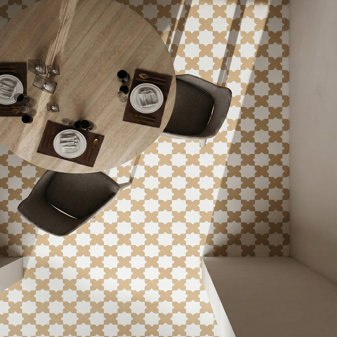 Kasbah matte porcelain checkerboard tile with fawn cross and bone star shapes showcasing a warm, understated tone-on-tone geometric appeal