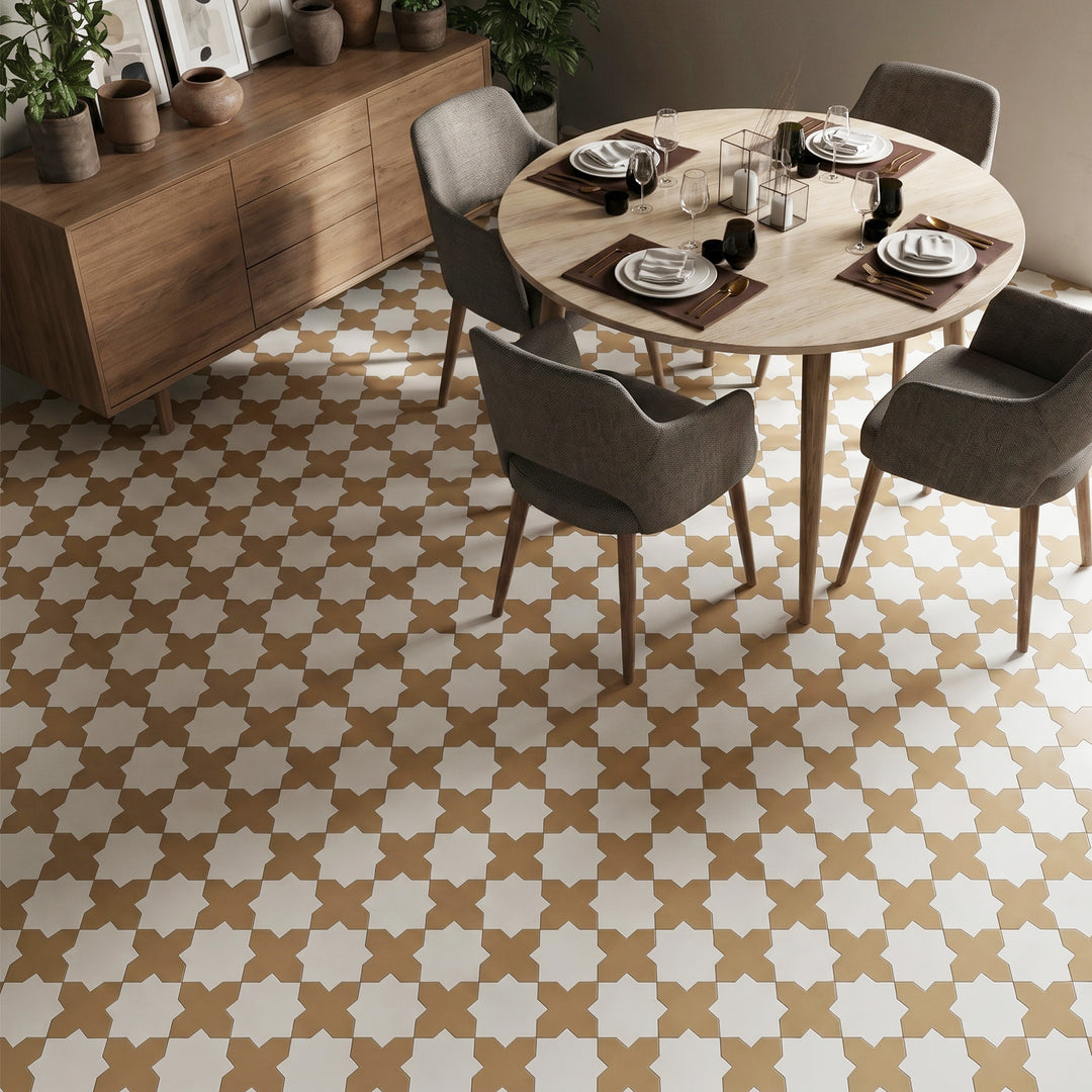 Kasbah matte porcelain tile featuring fawn cross and bone star pieces reflecting a soft inverted palette with refined Moroccan-inspired detail