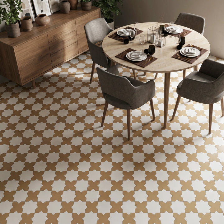 Kasbah matte porcelain tile featuring fawn cross and bone star pieces reflecting a soft inverted palette with refined Moroccan-inspired detail