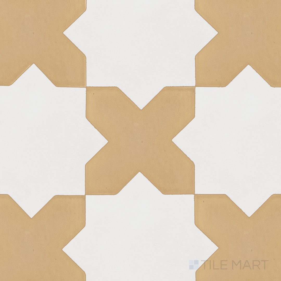 Geometric matte porcelain tile pairing delicate bone cross tiles with bold terracotta star shapes