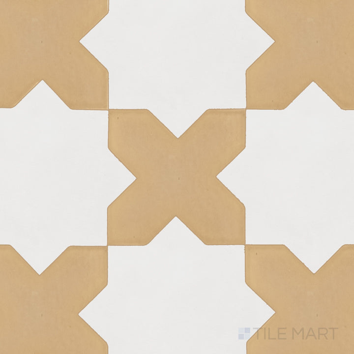 Geometric matte porcelain tile pairing delicate bone cross tiles with bold terracotta star shapes