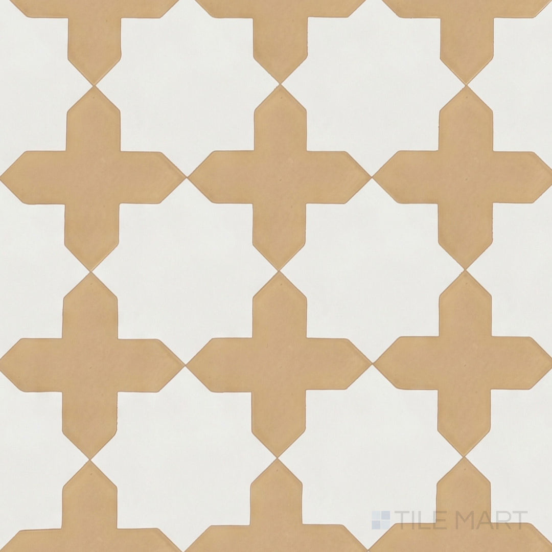 Overview of Kasbah fawn cross and bone star checkerboard matte porcelain tile from an alternate angle highlighting its inverted soft neutral geometric pattern layout