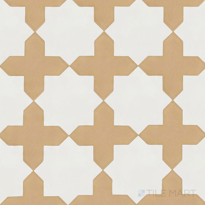 Overview of Kasbah fawn cross and bone star checkerboard matte porcelain tile from an alternate angle highlighting its inverted soft neutral geometric pattern layout