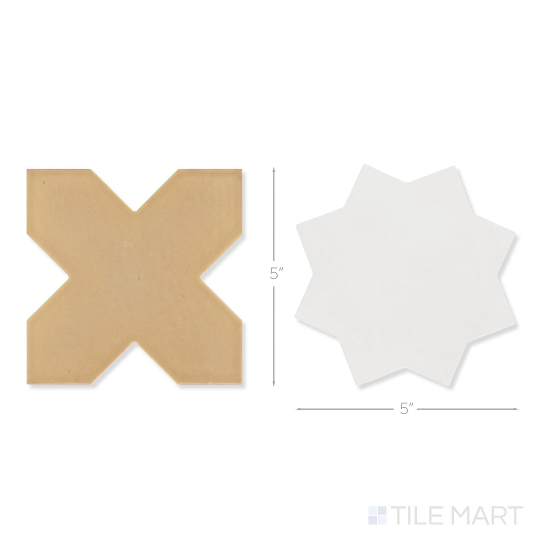 Top-down view of a single Kasbah fawn cross and bone star checkerboard matte porcelain tile showing its warm fawn cross and crisp bone star surface detail