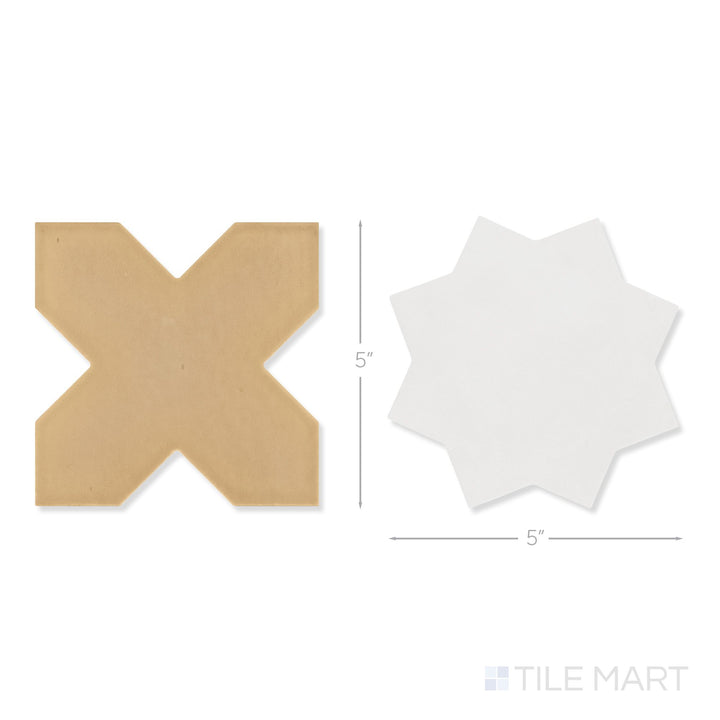 Top-down view of a single Kasbah fawn cross and bone star checkerboard matte porcelain tile showing its warm fawn cross and crisp bone star surface detail