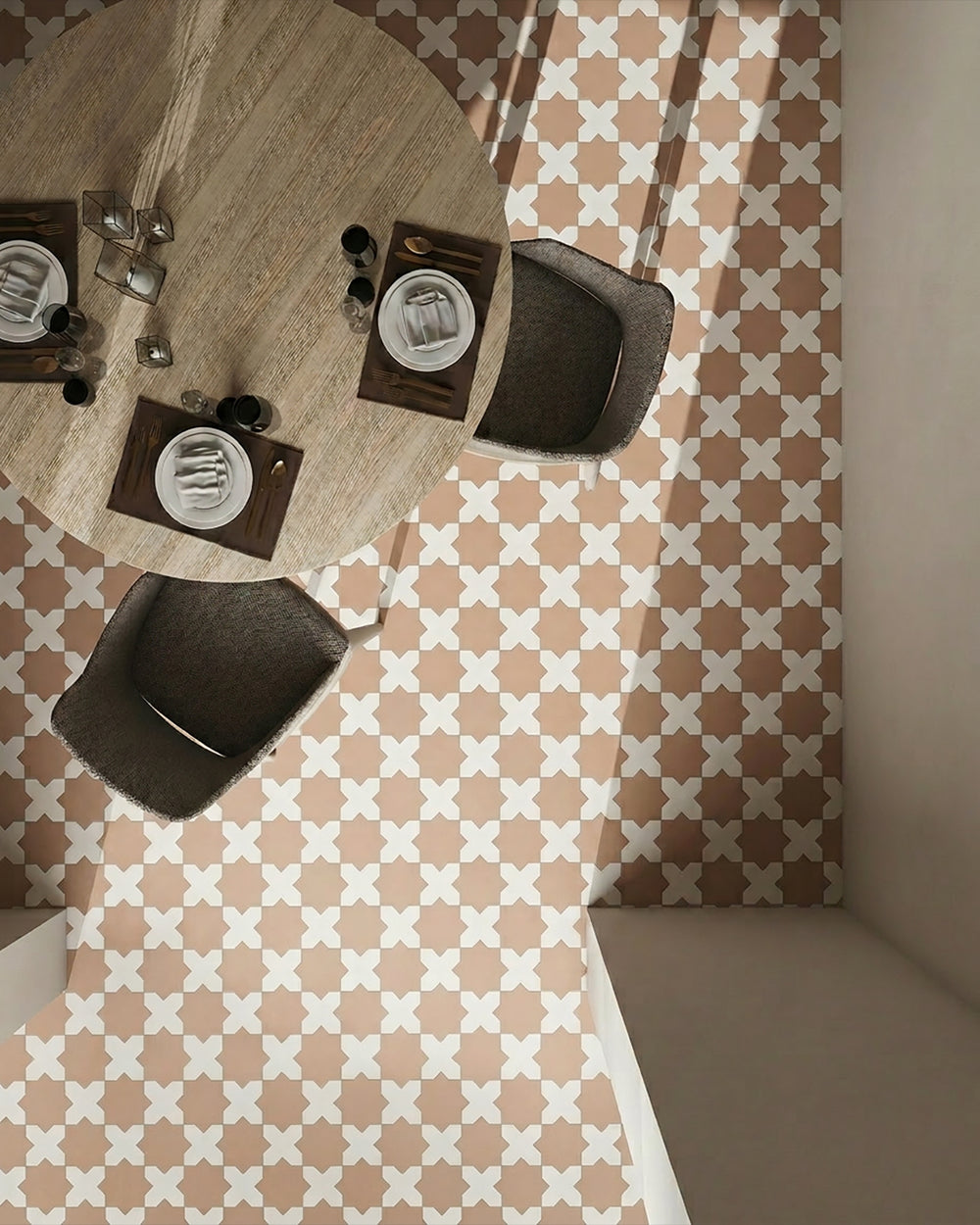 Kasbah matte porcelain checkerboard tile with bone cross and terracotta star shapes capturing a crisp contrast with bold earthy warmth