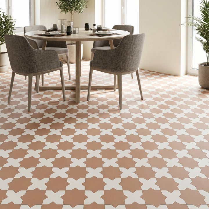 Kasbah matte porcelain tile featuring bone cross and terracotta star pieces emphasizing its striking geometric pattern and Mediterranean color energy