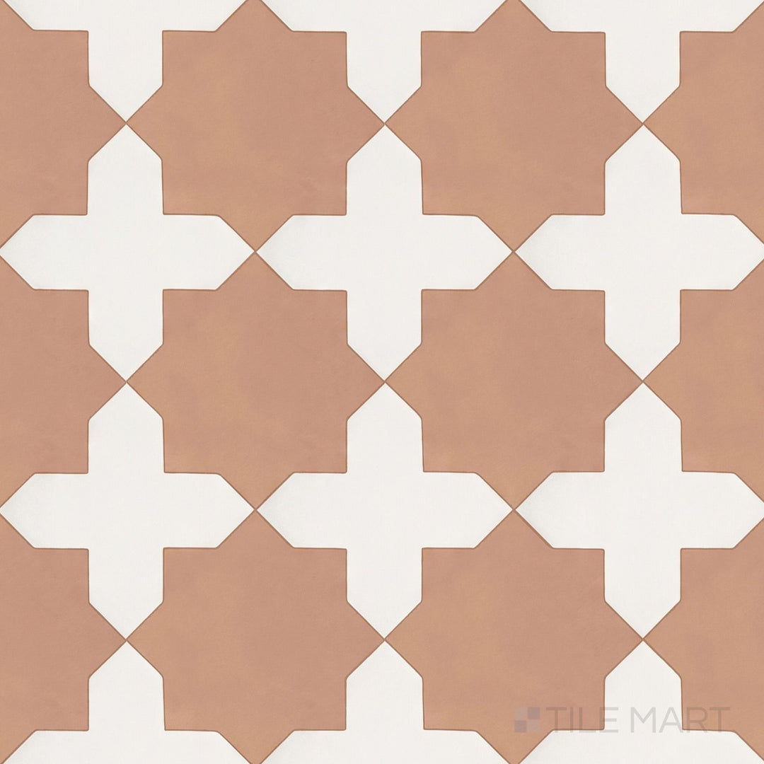Overview of Kasbah bone cross and terracotta star checkerboard matte porcelain tile from an alternate angle highlighting its bold earthy contrast and Moroccan-inspired geometric layout