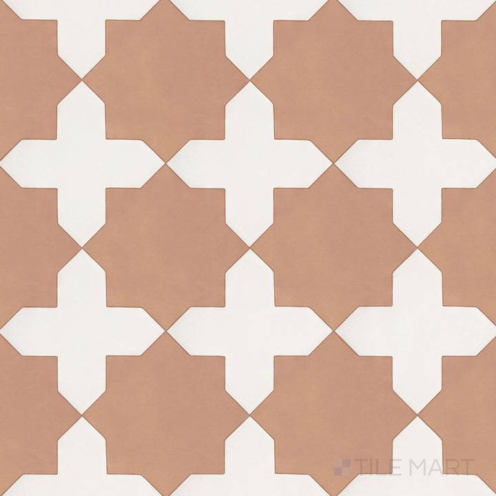 Overview of Kasbah bone cross and terracotta star checkerboard matte porcelain tile from an alternate angle highlighting its bold earthy contrast and Moroccan-inspired geometric layout
