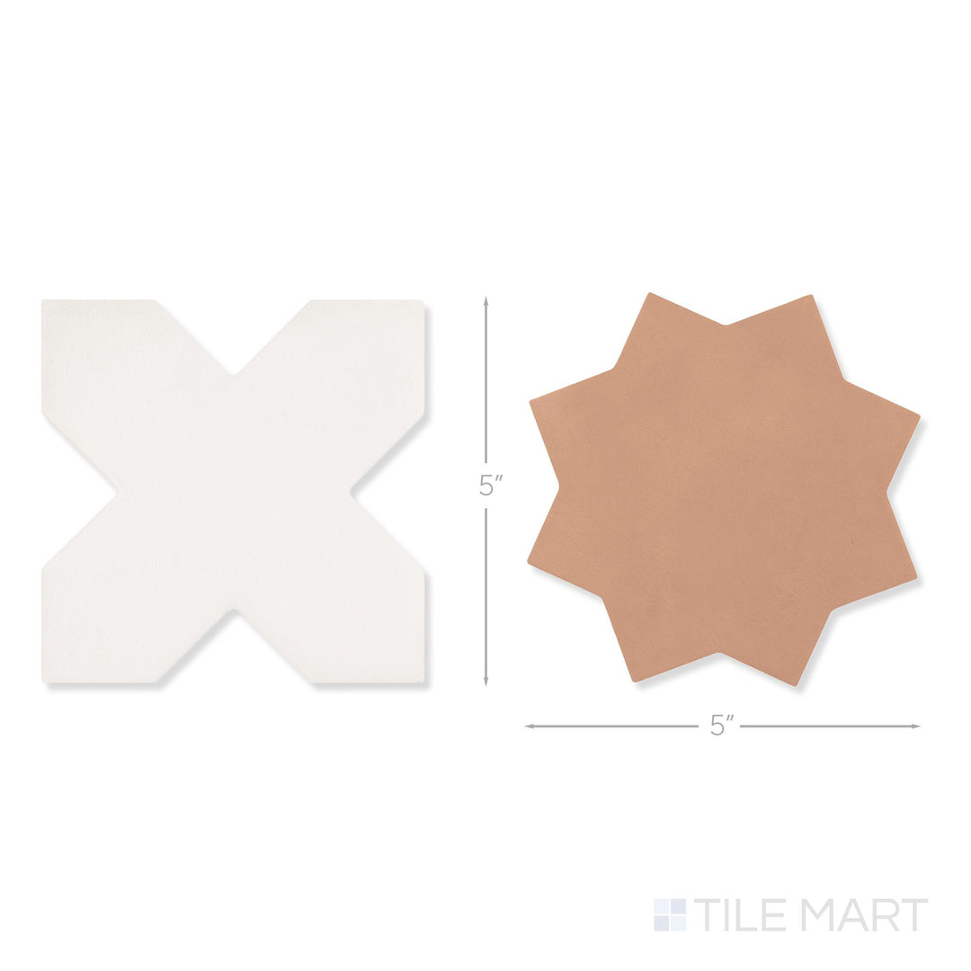 Top-down view of a single Kasbah bone cross and terracotta star checkerboard matte porcelain tile showing its crisp bone cross and warm terracotta star surface detail