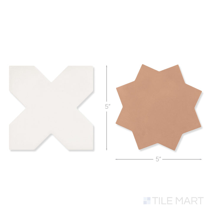 Top-down view of a single Kasbah bone cross and terracotta star checkerboard matte porcelain tile showing its crisp bone cross and warm terracotta star surface detail