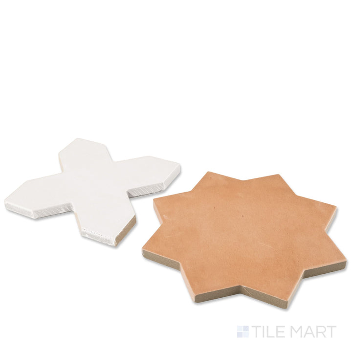 Corner shot of Kasbah bone cross and terracotta star checkerboard matte porcelain tile revealing its edge profile and warm earthy contrast matte surface