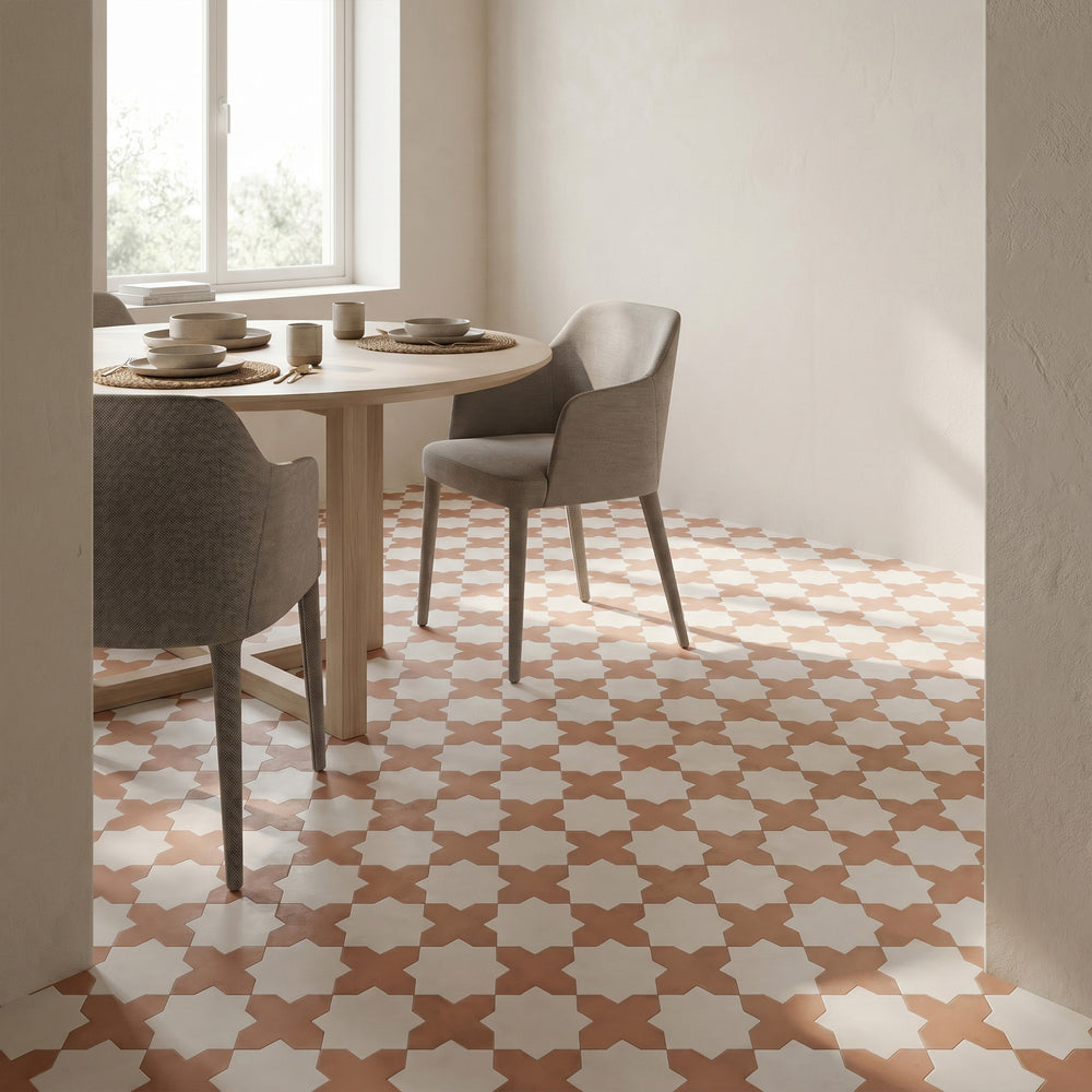 Kasbah matte porcelain checkerboard tile with terracotta cross and bone star shapes conveying a sun-warmed earthiness with intricate geometric rhythm