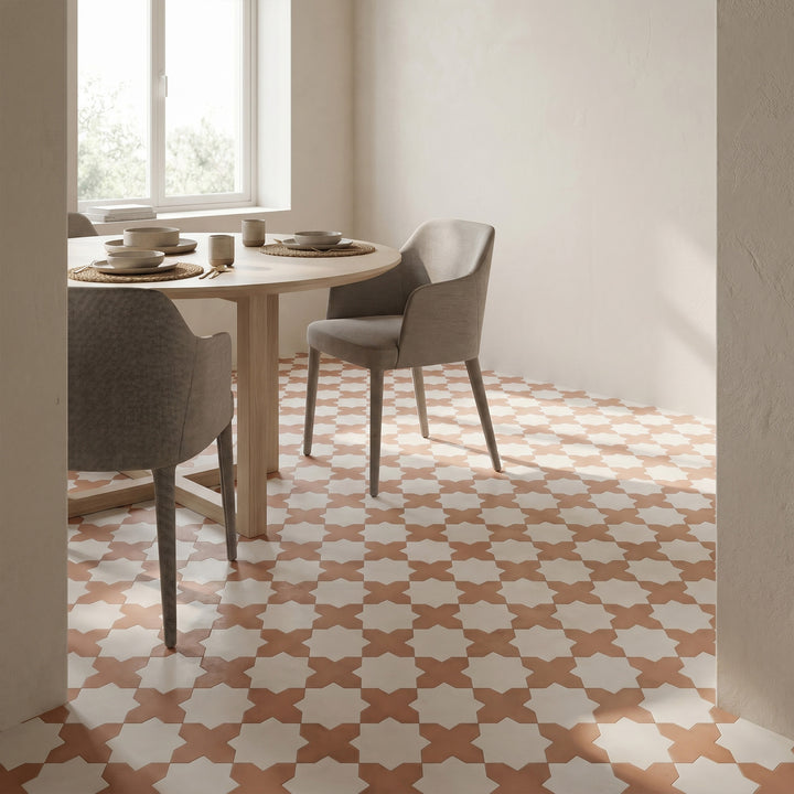 Kasbah matte porcelain checkerboard tile with terracotta cross and bone star shapes conveying a sun-warmed earthiness with intricate geometric rhythm