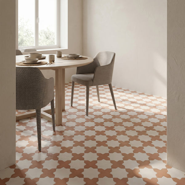 Kasbah matte porcelain checkerboard tile with terracotta cross and bone star shapes conveying a sun-warmed earthiness with intricate geometric rhythm