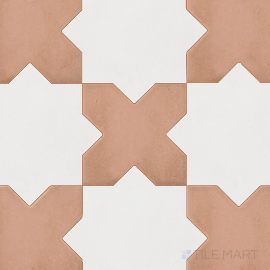 Earthy terracotta cross tiles set against crisp bone stars in a matte porcelain Kasbah checkerboard pattern