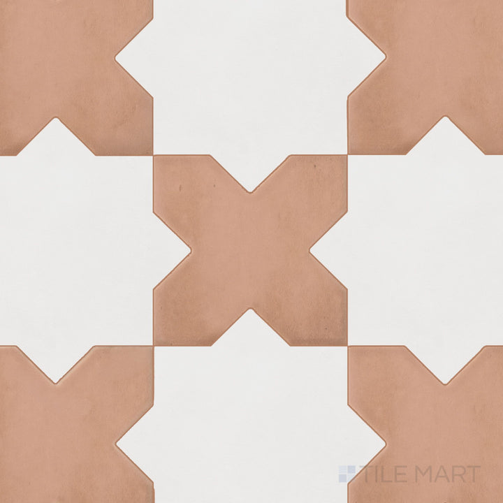 Earthy terracotta cross tiles set against crisp bone stars in a matte porcelain Kasbah checkerboard pattern