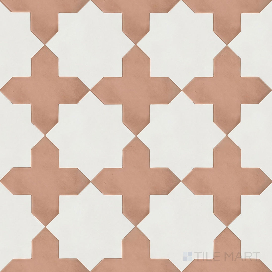Overview of Kasbah terracotta cross and bone star checkerboard matte porcelain tile from an alternate angle highlighting its inverted earthy geometric pattern and warm contrast