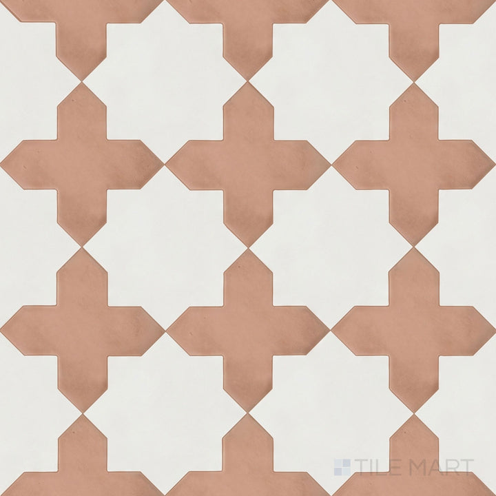 Overview of Kasbah terracotta cross and bone star checkerboard matte porcelain tile from an alternate angle highlighting its inverted earthy geometric pattern and warm contrast