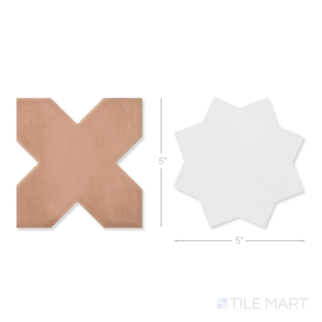 Top-down view of a single Kasbah terracotta cross and bone star checkerboard matte porcelain tile showing its warm terracotta cross and crisp bone star surface detail