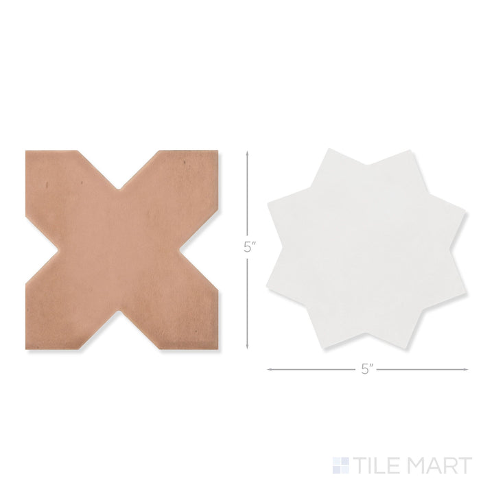 Top-down view of a single Kasbah terracotta cross and bone star checkerboard matte porcelain tile showing its warm terracotta cross and crisp bone star surface detail