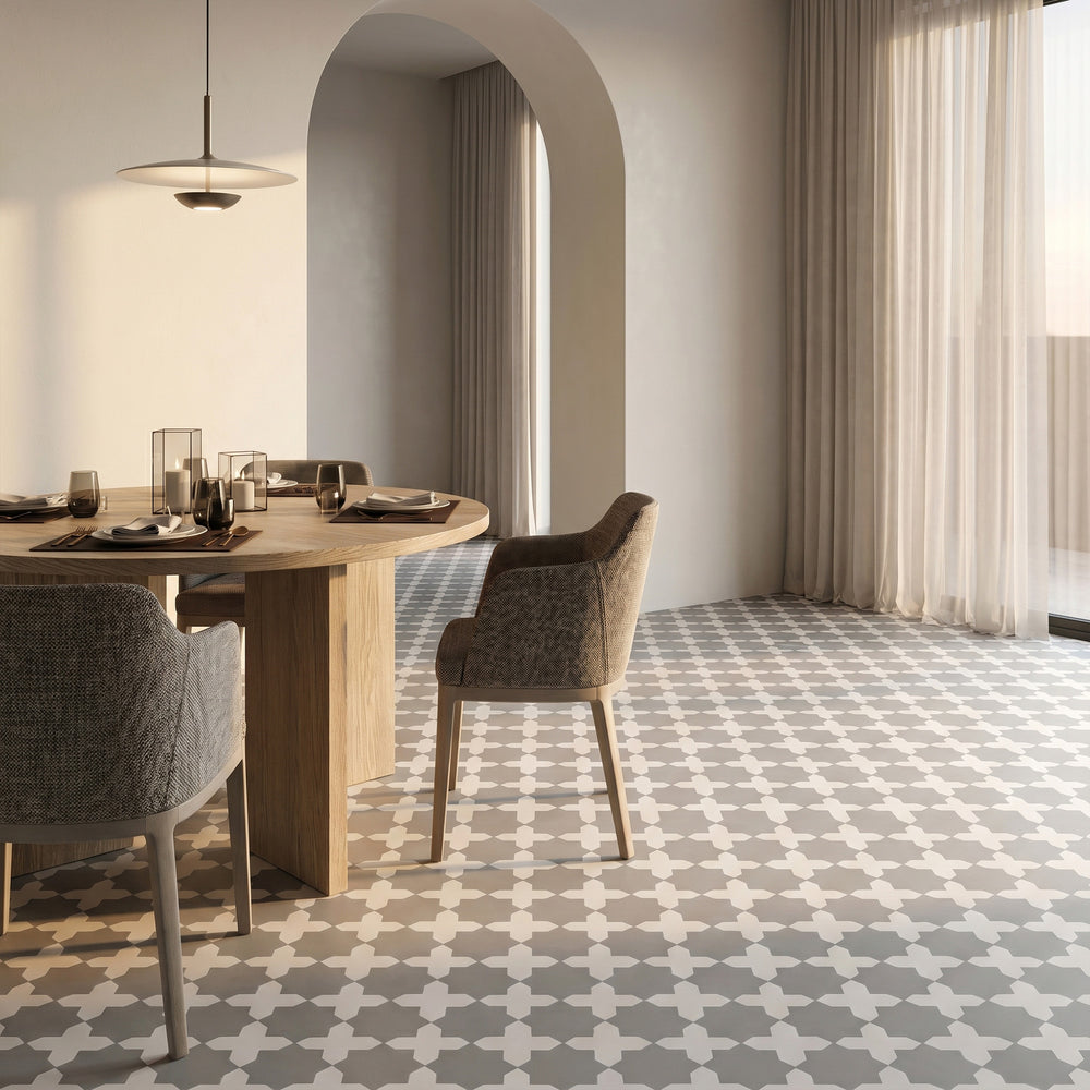 Kasbah matte porcelain checkerboard tile with bone cross and smoke star shapes reflecting a cool, moody contrast with understated geometric sophistication