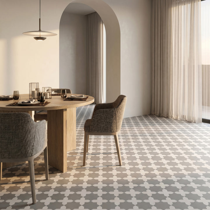 Kasbah matte porcelain checkerboard tile with bone cross and smoke star shapes reflecting a cool, moody contrast with understated geometric sophistication