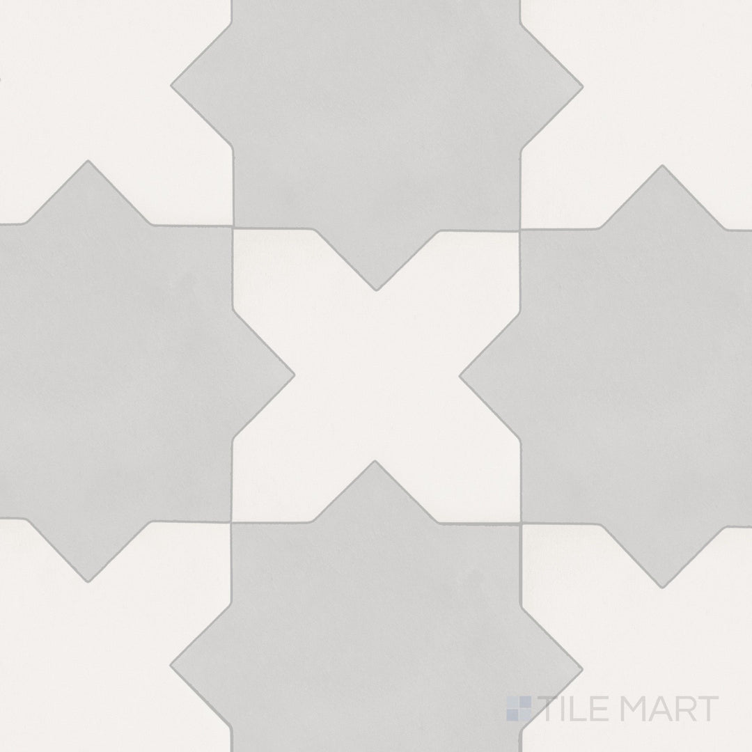 Interlocking terracotta cross and fawn star shapes in a matte porcelain Kasbah checkerboard mosaic