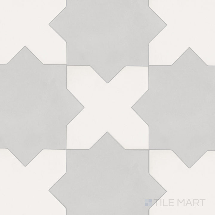 Interlocking terracotta cross and fawn star shapes in a matte porcelain Kasbah checkerboard mosaic